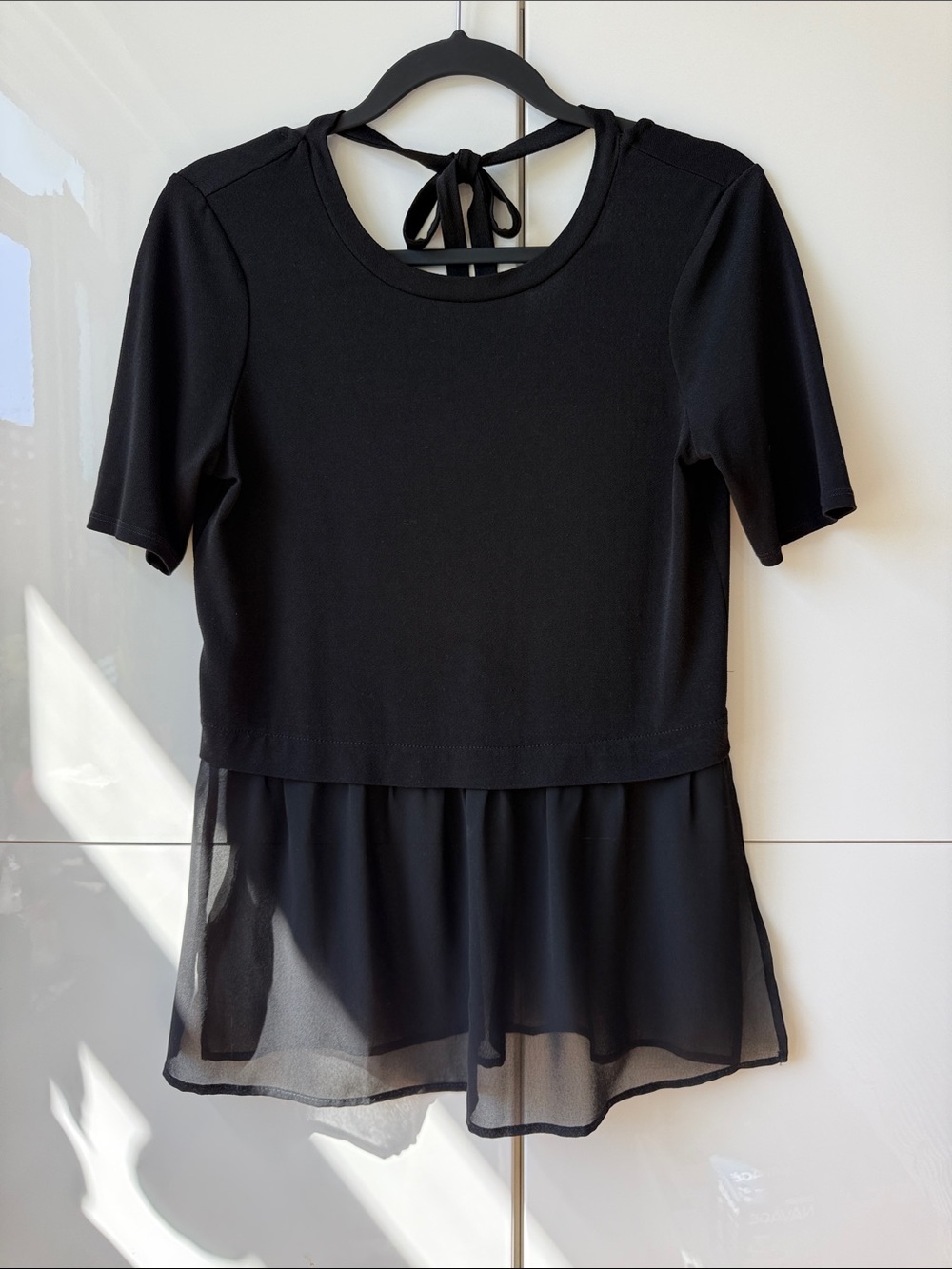 Black Peplum Tie-Back Short Sleeve Top